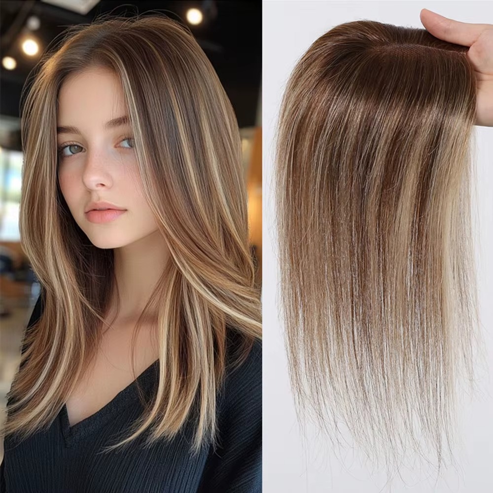Seamless Clip In Hair Extensions Human Hair - 100% Human Hair Toppers Brown Highlight